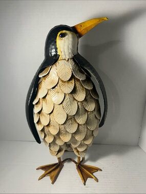 Decorative Black and Cream Penguin Bird Figurine - Metal Feather Design 18 in H